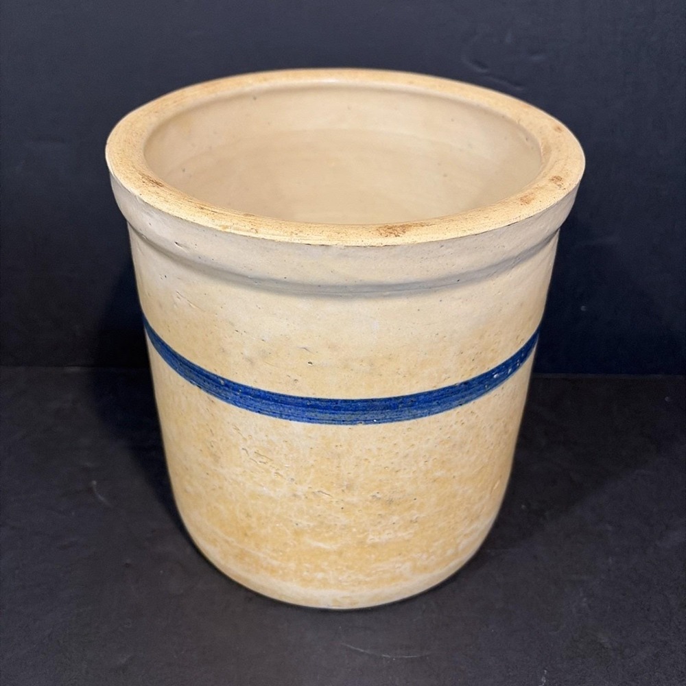 VTG Blue Band Stoneware Crock 8" Wedding Inscription 1936 Bottom Nice Patina